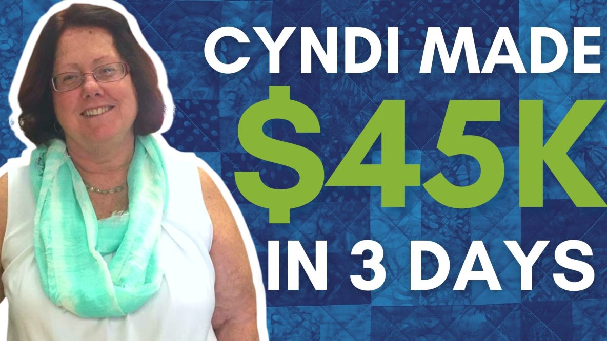 Retailer Cyndi smiles into the camera. The title reads Cyndi made $45,000 in 3 days