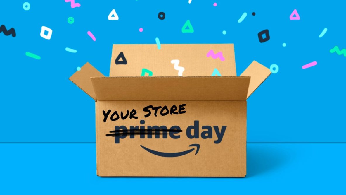 An Amazon Prime Day box is featured against a blue background with confetti coming out. The word prime has been crossed out and replaced with your store, to read your store days