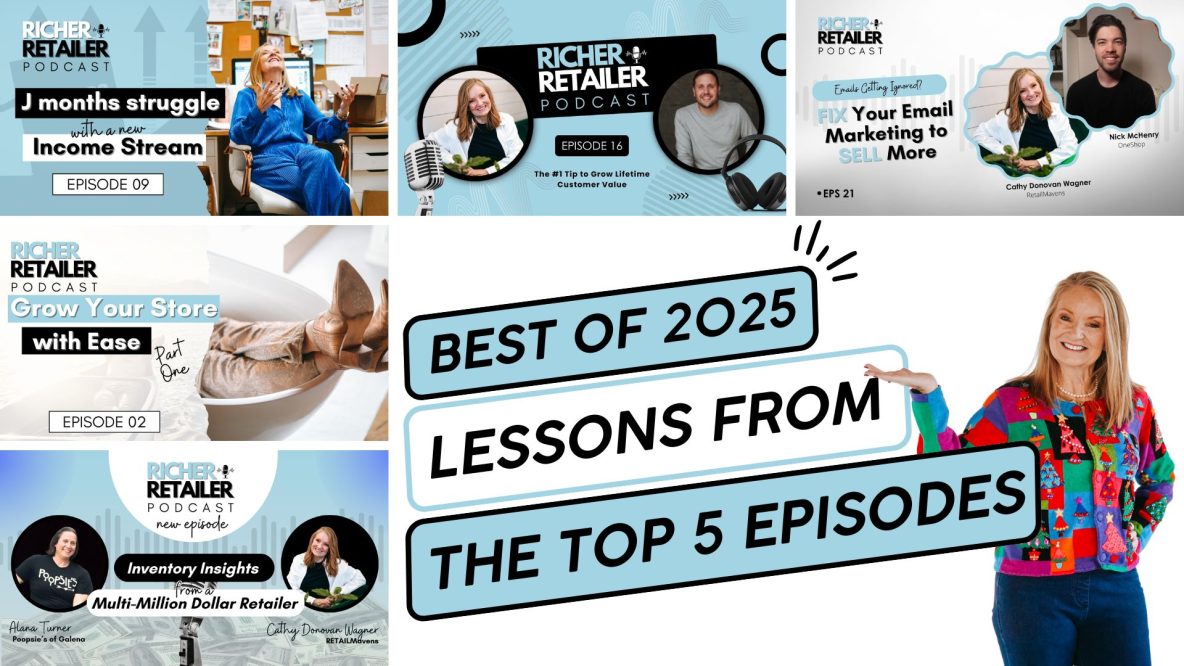 Collage of five podcast thumbnails from the Richer Retailer Podcast with title “Best of 2025: Lessons from the Top 5 Episodes” and Cathy Donovan Wagner pointing to the title.